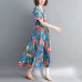 fashion blue long cotton linen dress oversized print Cinched dresses Fine drawstring v neck cotton linen dress