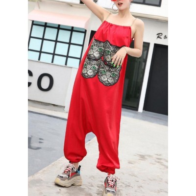 New red tide straps trousers embroidery cat head loose jumpsuit female summer strap pants
